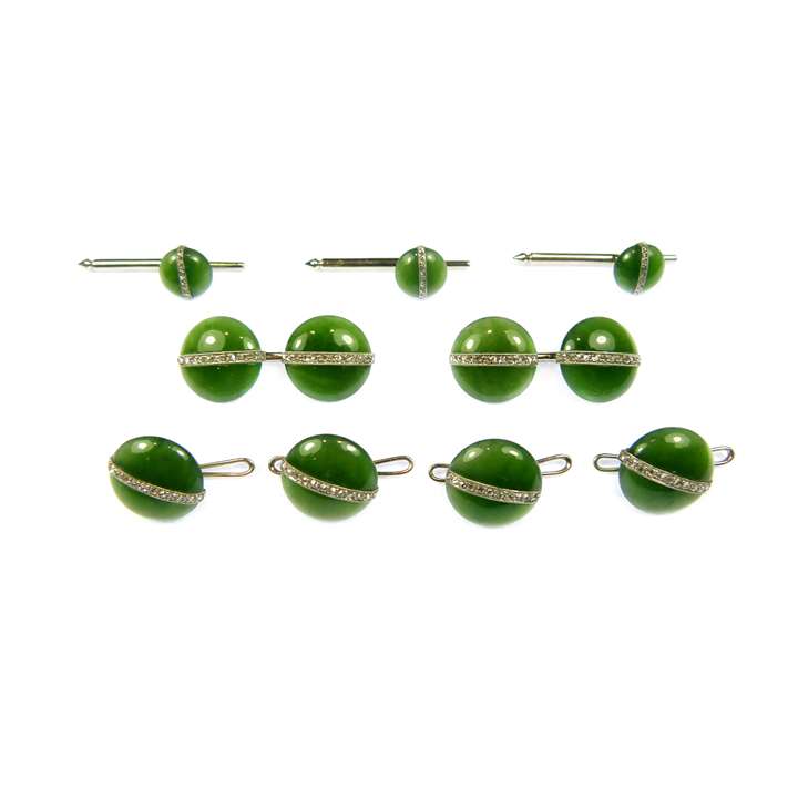Early 20th century nephrite jade and diamond gentleman's dress set comprising a pair of cufflinks, four buttons and three studs